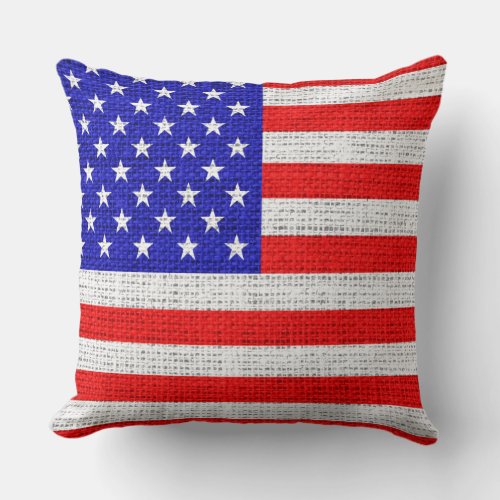 American Flag Burlap Linen Rustic Jute Throw Pillow