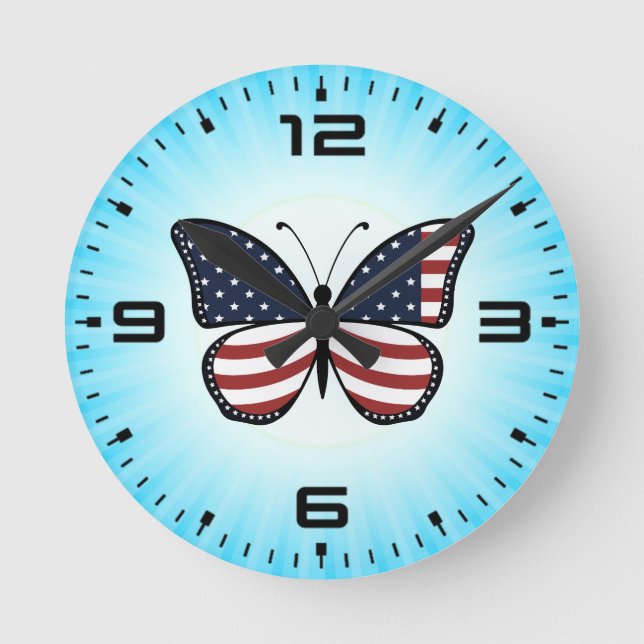 American Flag Butterfly Design Round Clock (Front)