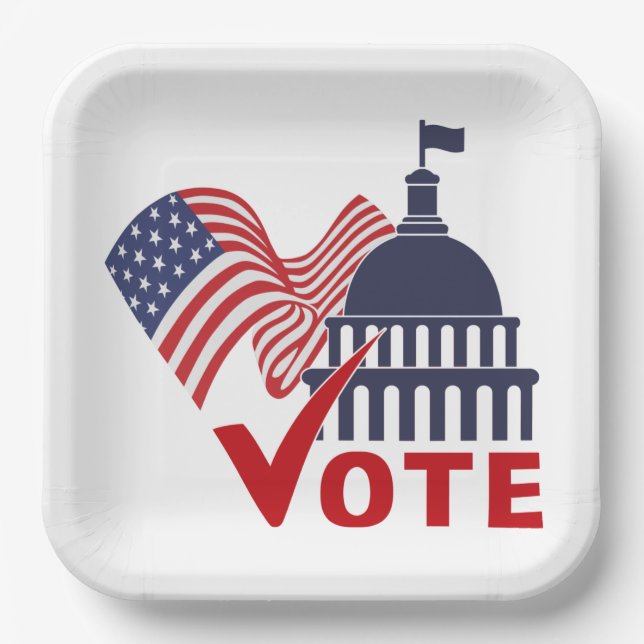 American Flag, Capital Vote Check Mark  Paper Plates (Front)