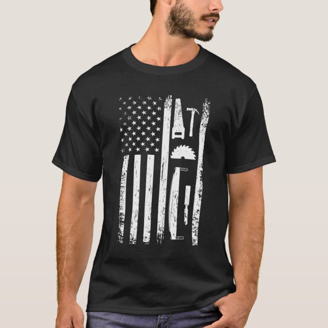 American Flag Carpenter Tools Woodworker Craftsman T-Shirt (Front)