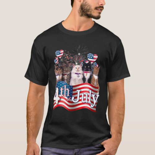 American Flag Cat Fireworks 4th Of July Independen T_Shirt