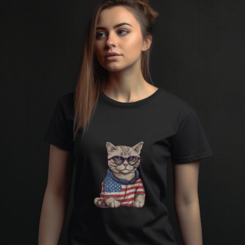 American Flag Cat in Glasses Graphic  T_Shirt