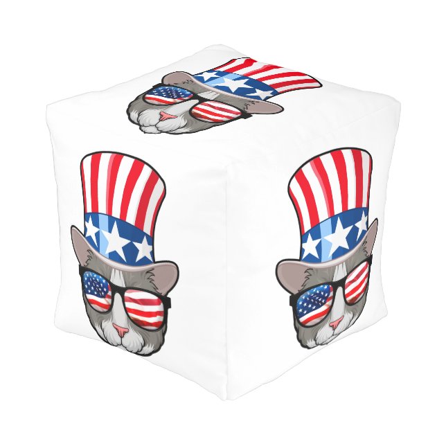 American Flag Cat With Top Hat And Glasses Pouf (Angled Front)