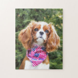 American Flag Cavalier King Charles Spaniel Puppy Jigsaw Puzzle