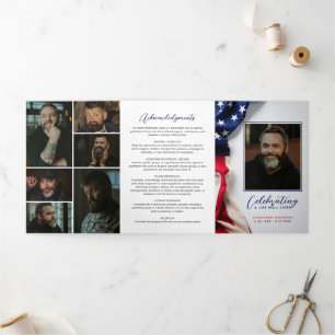 American Flag Celebration of Life Photo Collage Tri-Fold Program