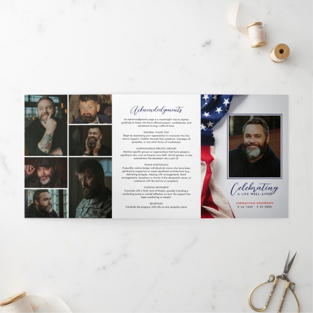 American Flag Celebration of Life Photo Collage Tri-Fold Program (Outside)