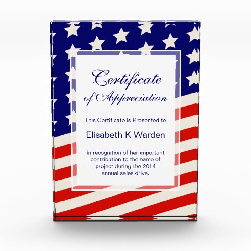 American Flag Certificate of Appreciation Award