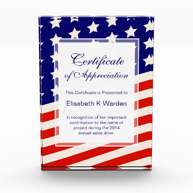 American Flag Certificate of Appreciation Award (Front)