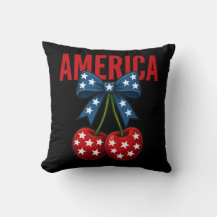American Flag Cherry Bow Coquette Throw Pillow