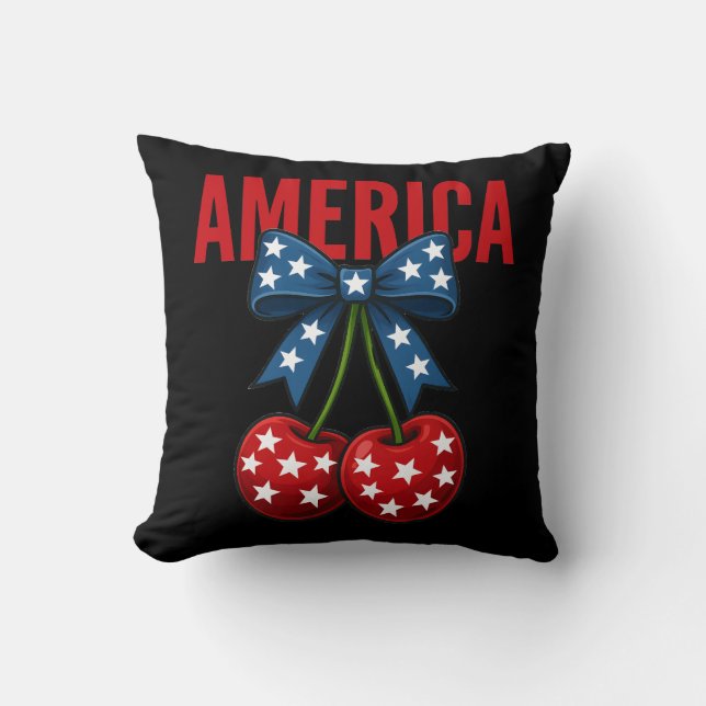 American Flag Cherry Bow Coquette Throw Pillow (Front)