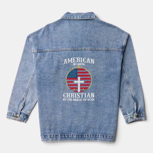 American Flag Christian Cross Typography Art Denim Jacket (Back)