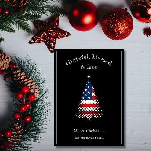 American Flag Christmas Tree Grateful Blessed Holiday Card