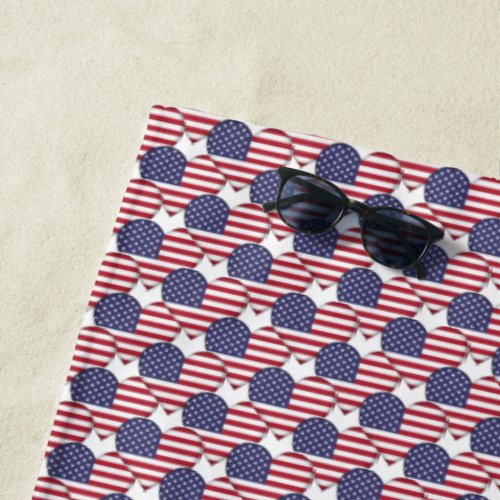 American Flag Colors Hearts Pattern Patriotic Beach Towel