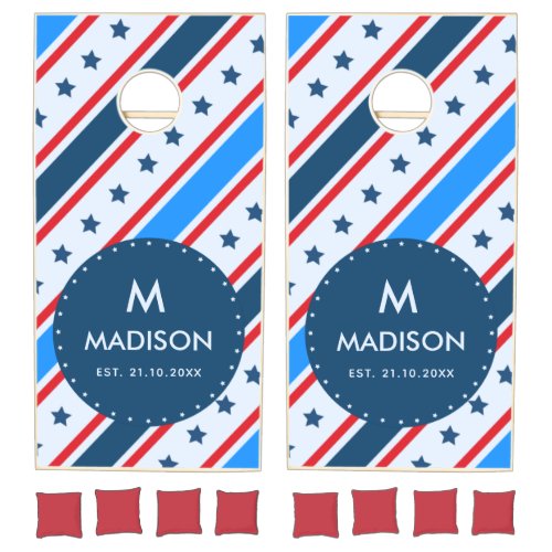 American Flag Colors Star Stripes Modern Monogram Cornhole Set