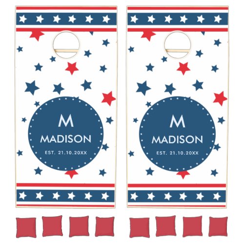 American Flag Colors Star Stripes Trendy Monogram  Cornhole Set