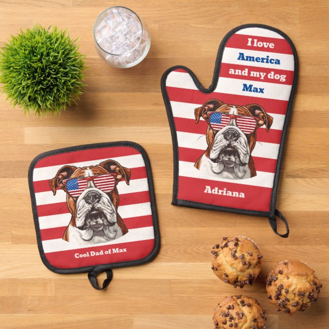 American Flag Cool Mom or Dad of an Bull Dog Oven Mitt & Pot Holder Set (Top Down)