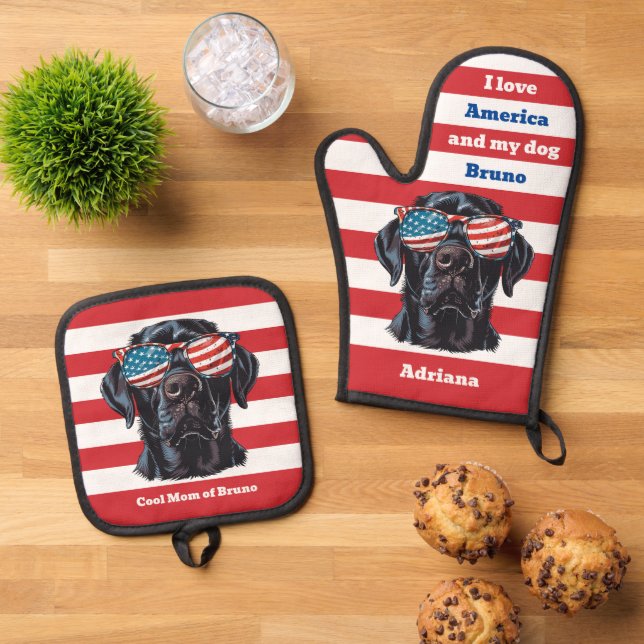 American Flag Cool Mom or Dad of an Labrador Dog Oven Mitt & Pot Holder Set (Top Down)