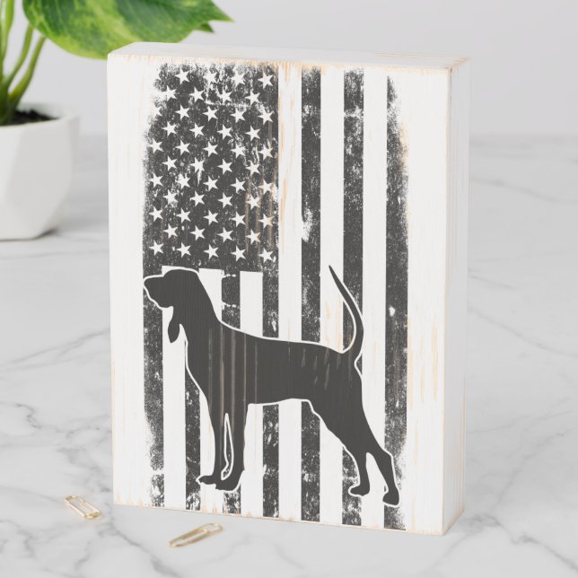 American Flag & Coonhound Wooden Box Sign (In Situ Vertical)