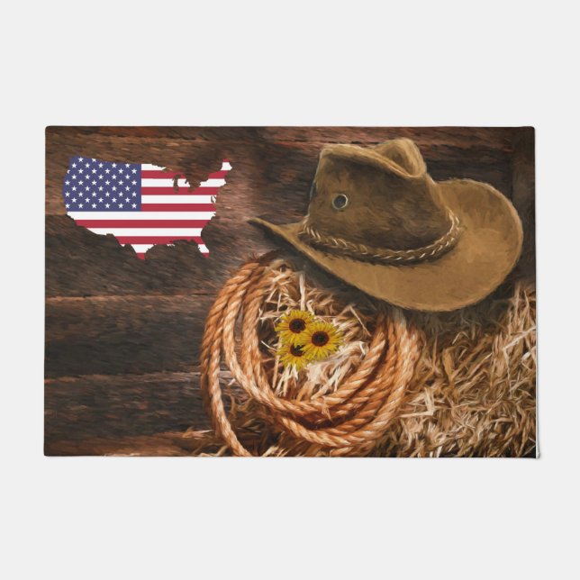 American Flag Cowboy Hat Lasso Doormat (Front)