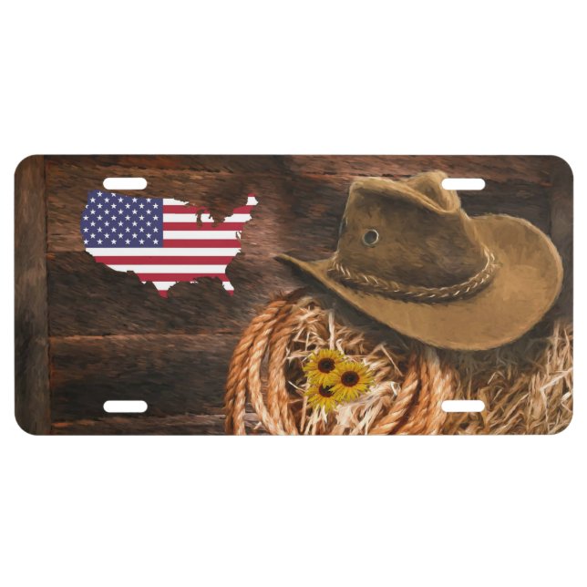 American Flag Cowboy Hat lasso License Plate (Front)