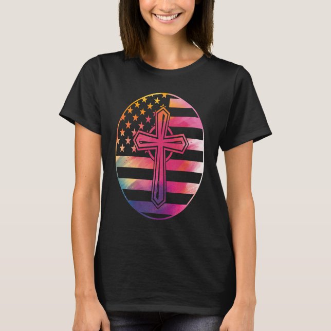 American Flag  Cross  America Pride Proud Christia T-Shirt (Front)