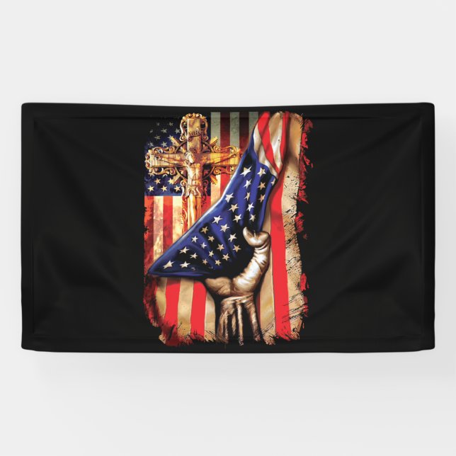American Flag Cross Jesus Hand Pride Christian Banner (Horizontal)