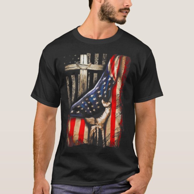 American Flag Cross Jesus Hand Pride Christian T-S T-Shirt (Front)