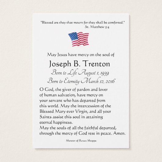 American Flag Crucifix Catholic Memorial Holy Card (Back)