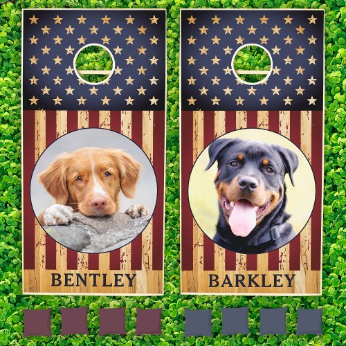American Flag Custom 2 Pet Dog Photo Patriotic Cornhole Set