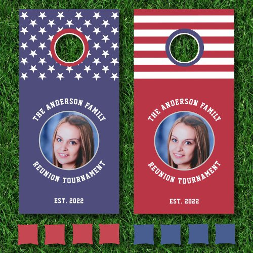 American Flag Custom Family Name Photo Text Cornhole Set