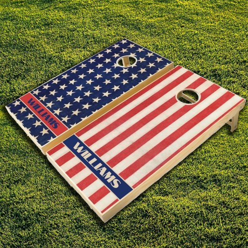 American Flag Custom Monogram Name Red White Blue  Cornhole Set