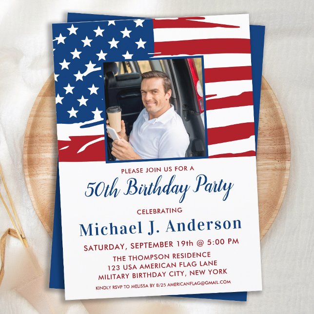 American Flag Custom Photo 50th Birthday Party Invitation (Creator Uploaded)