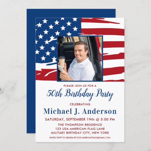 American Flag Custom Photo 50th Birthday Party Invitation - USA American Flag Birthday Party Invitations. Invite friends and family to your patriotic birthday celebration with these modern American Flag invitations. Personalize this american flag invitation with your event, photo, name, and party details.
See our collection for matching patriotic birthday gifts ,party favors, and supplies. COPYRIGHT © 2021 Judy Burrows, Black Dog Art - All Rights Reserved. American Flag Custom Photo 50th Birthday Party Invitation