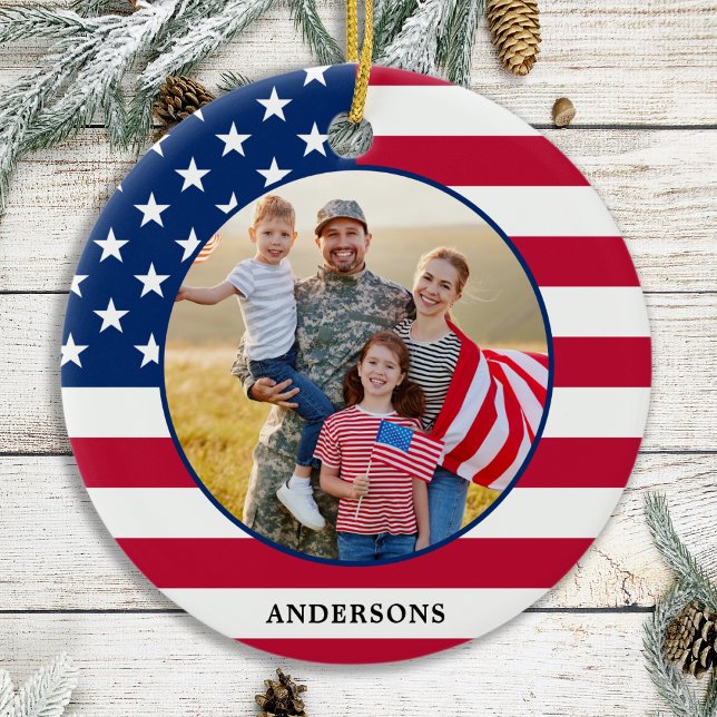 American Flag Custom Photo Patriotic Christmas Ceramic Ornament (Creator Uploaded)