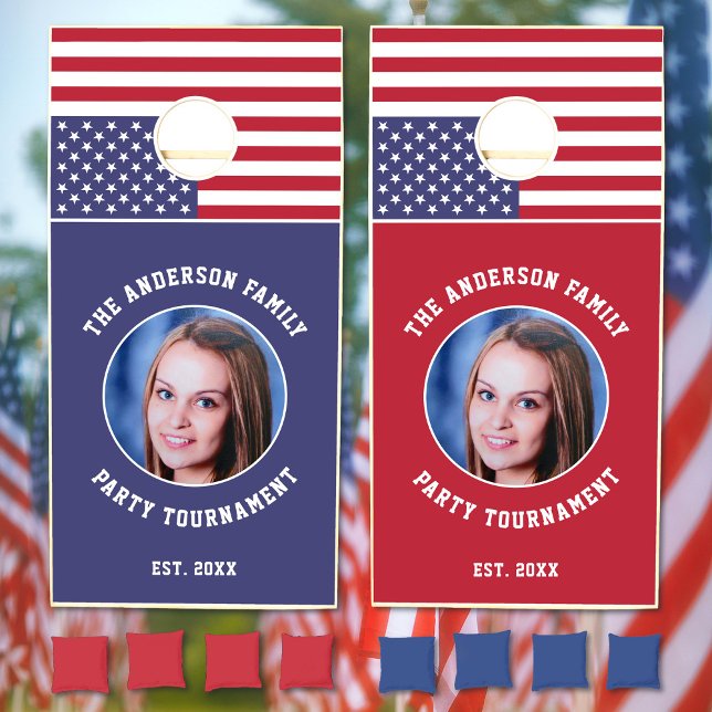 American Flag Custom Photo Text Personalized Cornhole Set (Creator Uploaded)