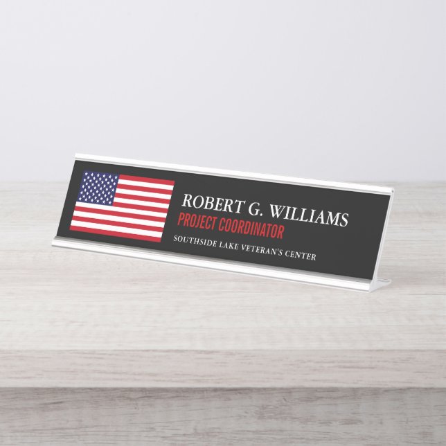 American Flag Customized Black Desk Name Plate (Front)