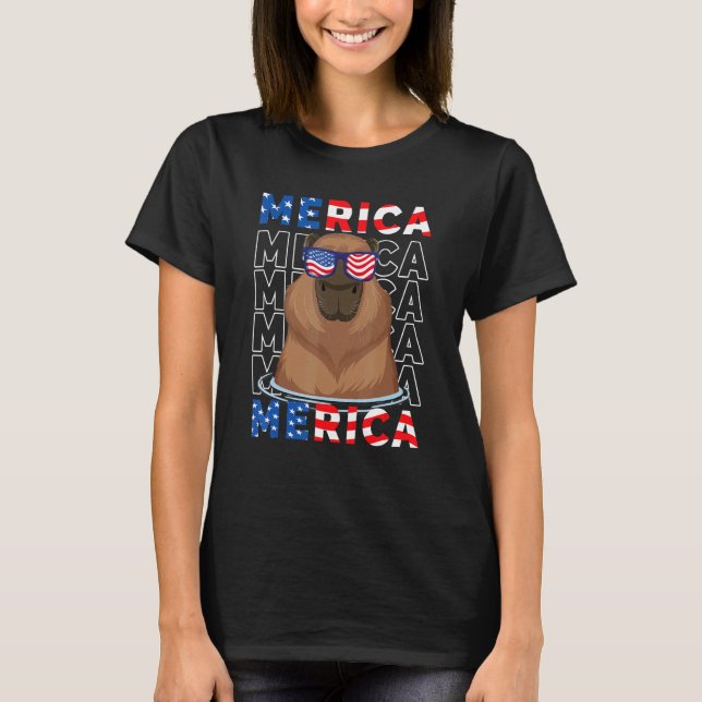 American Flag Cute Capybara Happy 4th Of July Anim T-Shirt (Front)