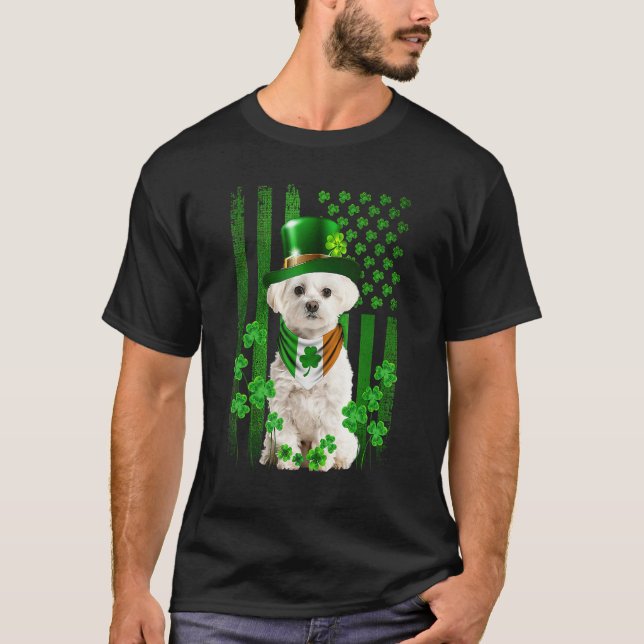 American Flag Cute Maltese Dog St Patricks Day Iri T-Shirt (Front)