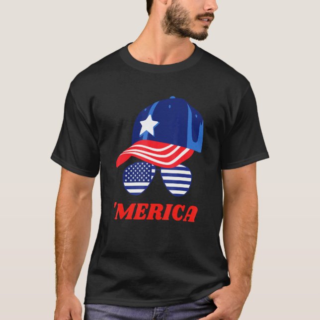 American Flag Cute Sunglasses And Cap T-Shirt (Front)