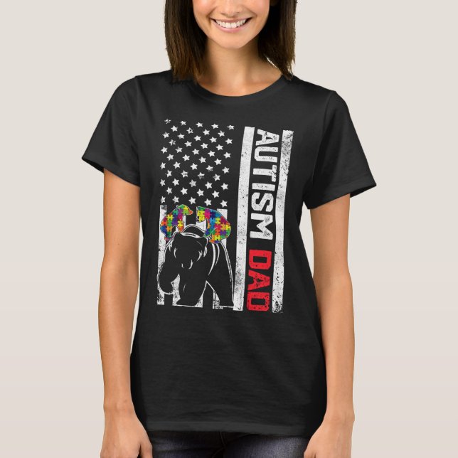 American Flag Dad Bear Autism Awareness Support Fa T-Shirt (Front)