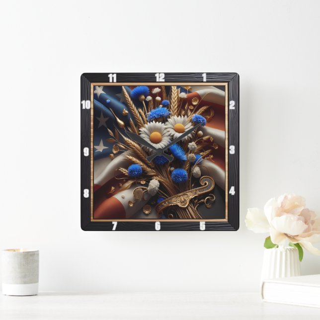 American Flag Daisies Patriotic  Square Wall Clock (Home)
