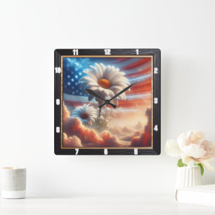 American Flag Daisies Patriotic Square Wall Clock