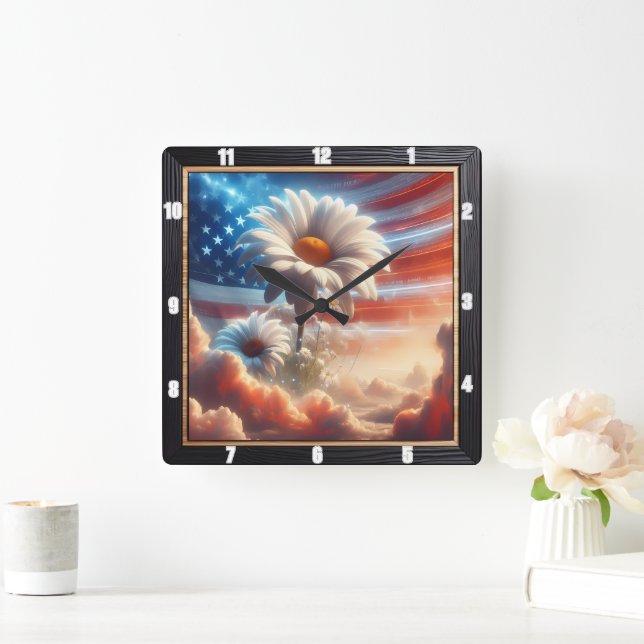 American Flag Daisies Patriotic Square Wall Clock (Home)