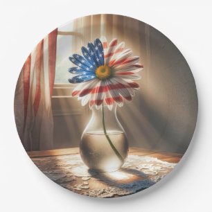 American Flag Daisy In Glass Vase Paper Plates