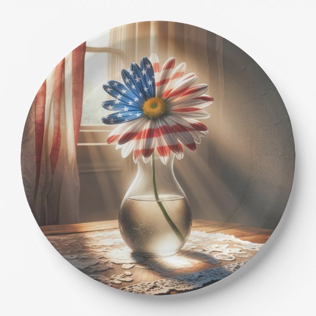 American Flag Daisy In Glass Vase Paper Plates (Front)