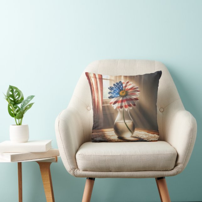 American Flag Daisy In Sunbeams Throw Pillow (Chair)