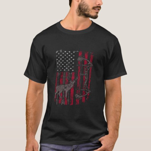 American Flag Deer Bow Hunting Patriotic Distresse T_Shirt