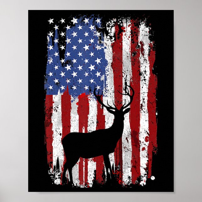 American Flag Deer Hunters Deer On American Flag  Poster (Front)