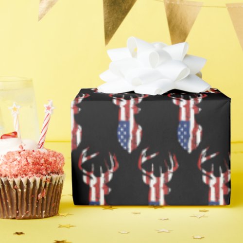 American Flag Deer On Black Wrapping Paper