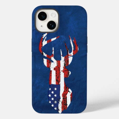 American Flag Deer on Blue Leather   Case_Mate iPhone 14 Case